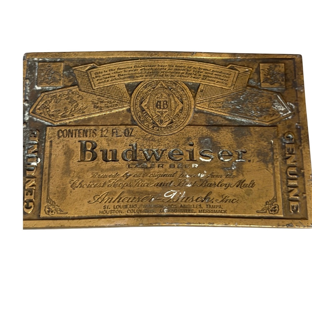 Vintage Budweiser Brass Belt Buckle Anheuser Busch King of Beers A-168 Label